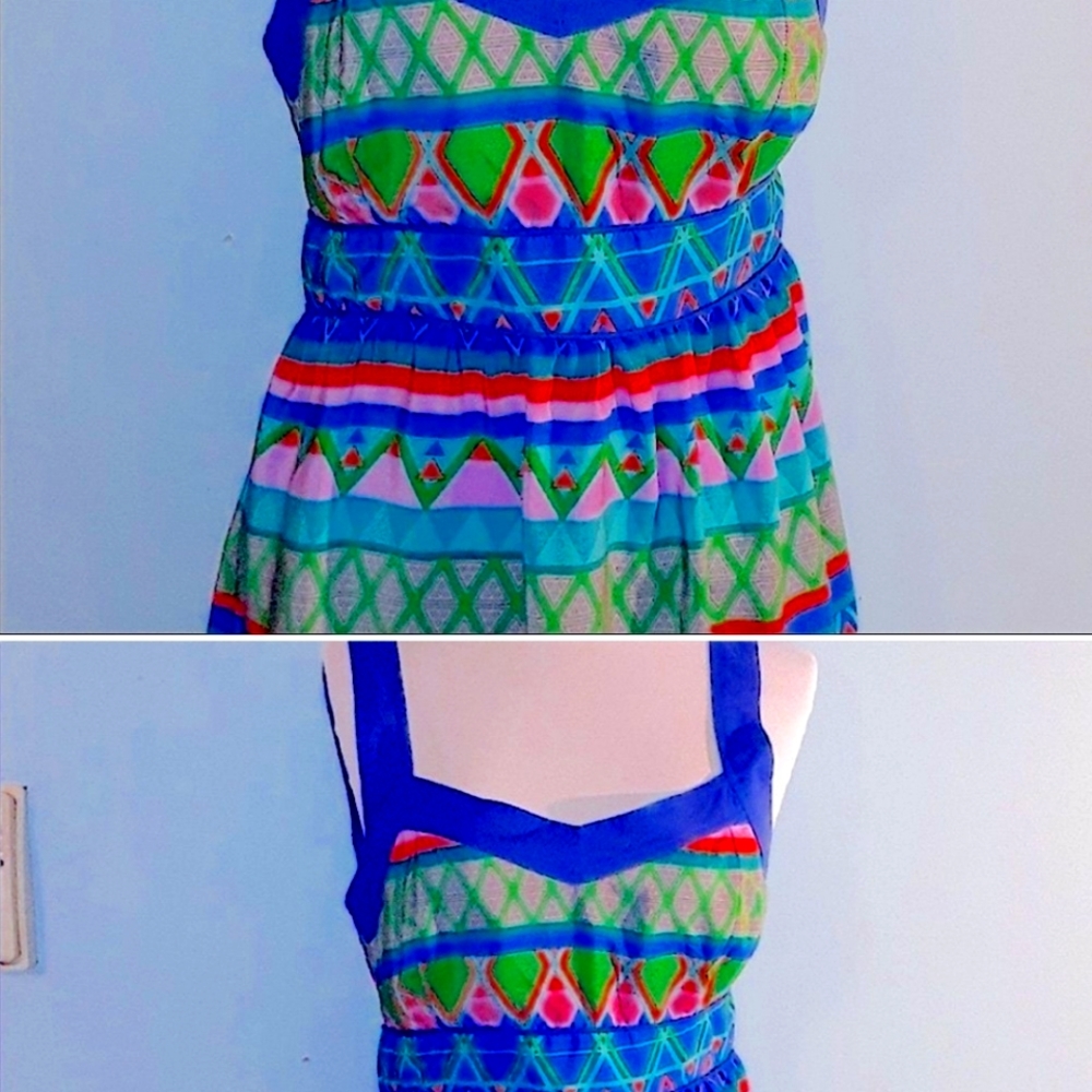 Flying Tomato Geometric, Colorful, Back Peephole Dress — SZ L EUC fits size 6 sm